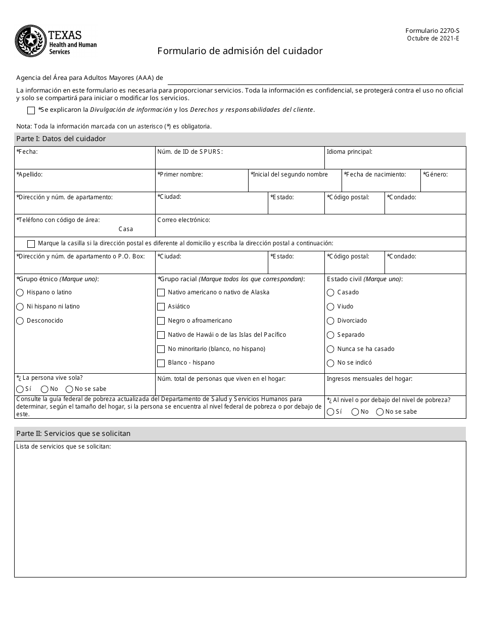 Formulario 2270-S Formulario De Admision Del Cuidador - Texas (Spanish), Page 1