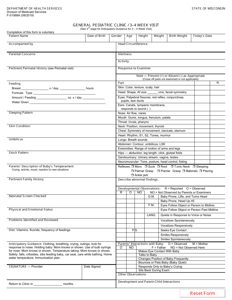 Form F-01068A General Pediatric Clinic - 3-4 Week Visit - Wisconsin, Page 1