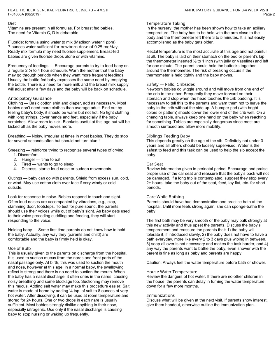 Form F-01068A General Pediatric Clinic - 3-4 Week Visit - Wisconsin, Page 2