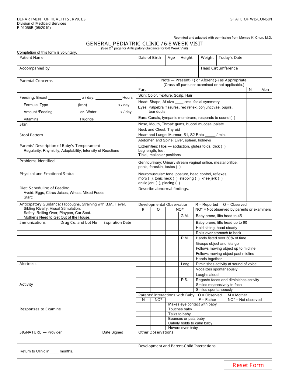 Form F-01068B General Pediatric Clinic - 6-8 Week Visit - Wisconsin, Page 1