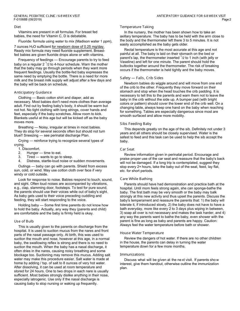 Form F-01068B General Pediatric Clinic - 6-8 Week Visit - Wisconsin, Page 2
