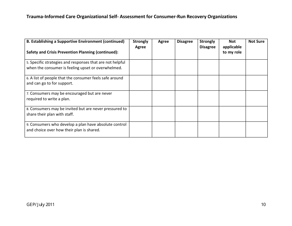 Trauma-Informed Care Organizational Self- Assessment for Consumer-Run Recovery Organizations - Washington, Page 10