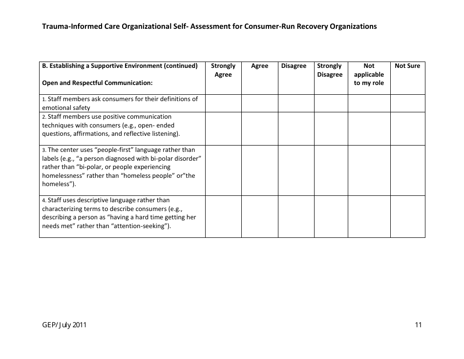 Trauma-Informed Care Organizational Self- Assessment for Consumer-Run Recovery Organizations - Washington, Page 11