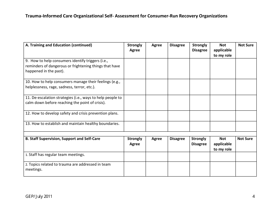 Trauma-Informed Care Organizational Self- Assessment for Consumer-Run Recovery Organizations - Washington, Page 4