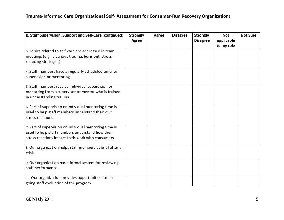 Trauma-Informed Care Organizational Self- Assessment for Consumer-Run Recovery Organizations - Washington, Page 5