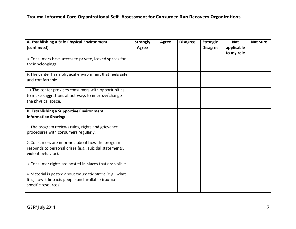 Trauma-Informed Care Organizational Self- Assessment for Consumer-Run Recovery Organizations - Washington, Page 7