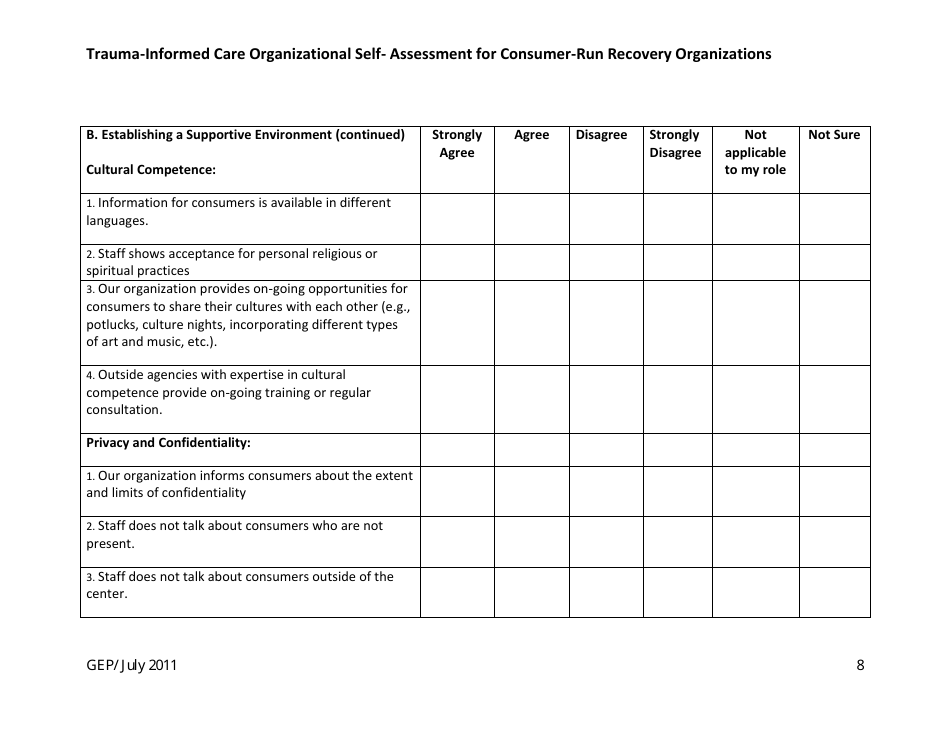 Trauma-Informed Care Organizational Self- Assessment for Consumer-Run Recovery Organizations - Washington, Page 8