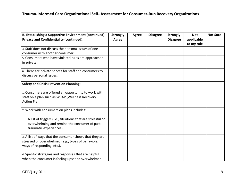 Trauma-Informed Care Organizational Self- Assessment for Consumer-Run Recovery Organizations - Washington, Page 9