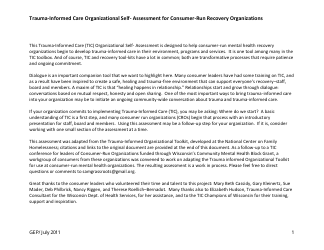 Document preview: Trauma-Informed Care Organizational Self- Assessment for Consumer-Run Recovery Organizations - Washington