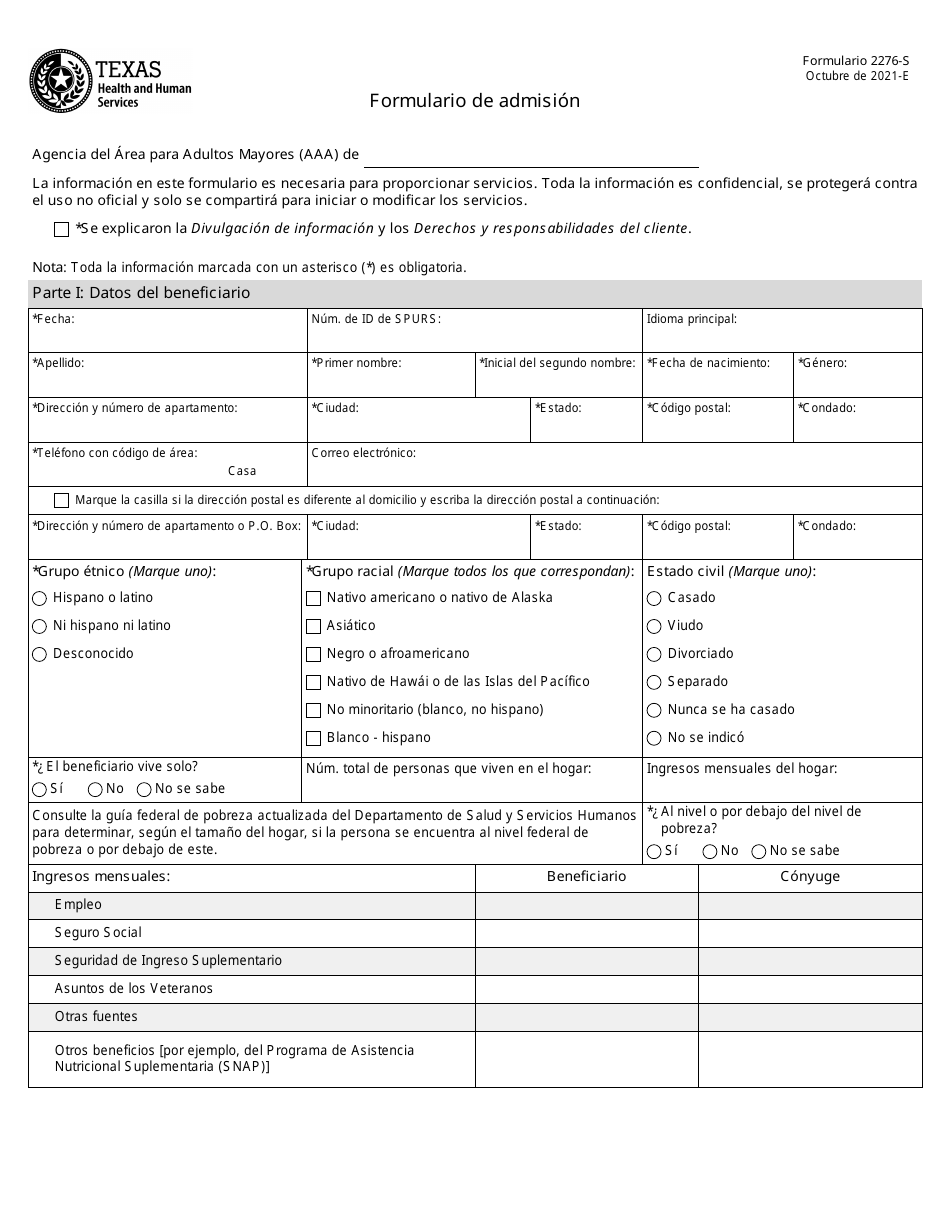 Formulario 2776-S Formulario De Admision - Texas (Spanish), Page 1