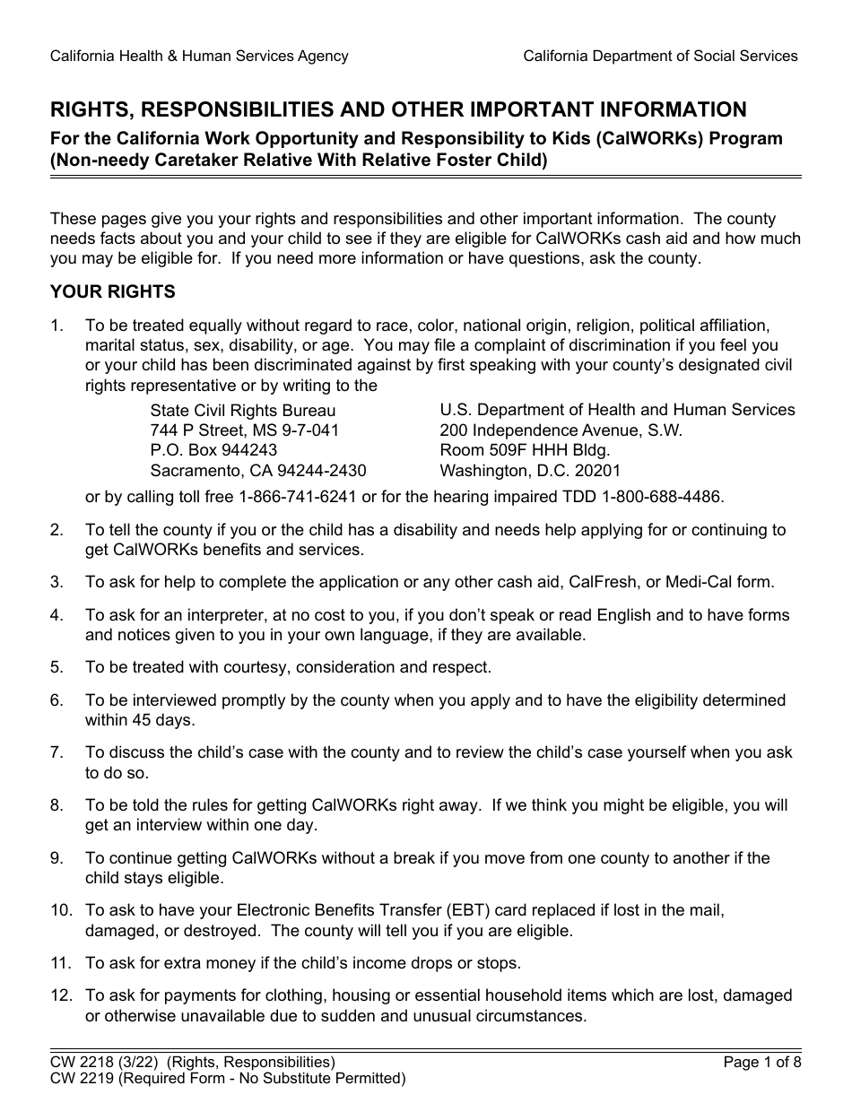 Form CW2218 Rights, Responsibilities and Other Important Information for the California Work Opportunity and Responsibility to Kids (Calworks) Program (Non-needy Caretaker Relative With Relative Foster Child) - California, Page 1