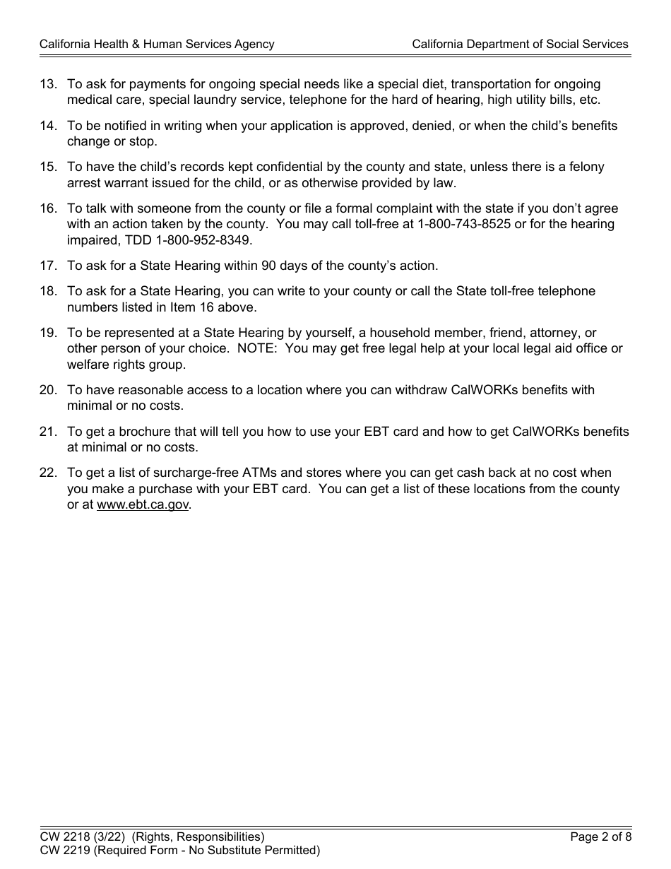 Form CW2218 Rights, Responsibilities and Other Important Information for the California Work Opportunity and Responsibility to Kids (Calworks) Program (Non-needy Caretaker Relative With Relative Foster Child) - California, Page 2