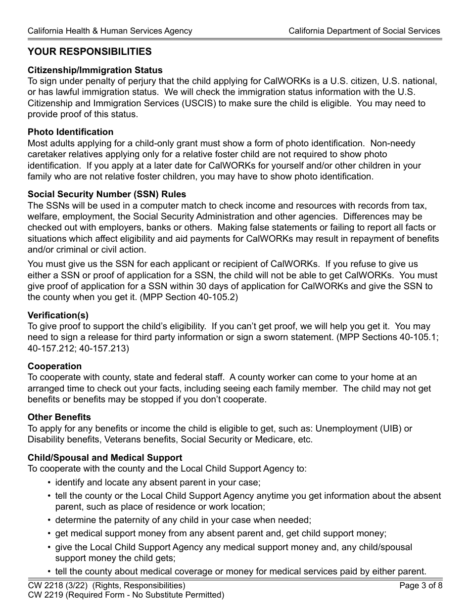 Form CW2218 Rights, Responsibilities and Other Important Information for the California Work Opportunity and Responsibility to Kids (Calworks) Program (Non-needy Caretaker Relative With Relative Foster Child) - California, Page 3