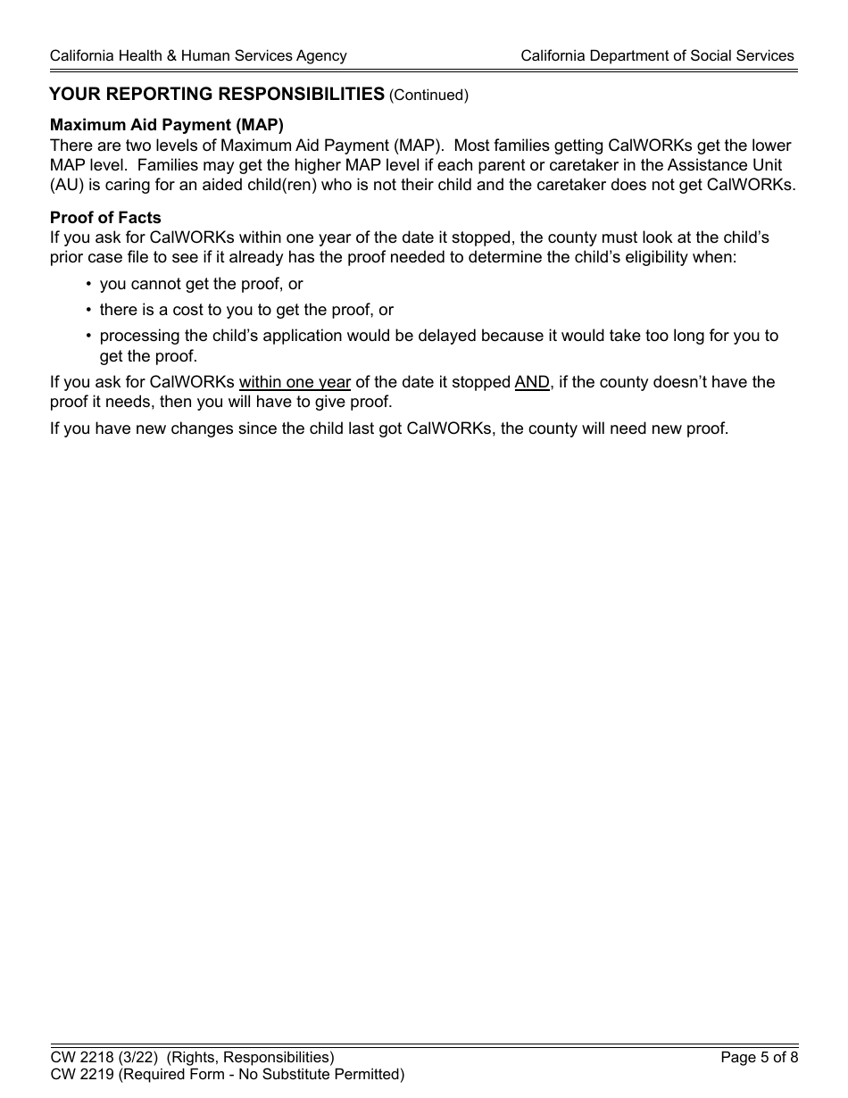 Form CW2218 Rights, Responsibilities and Other Important Information for the California Work Opportunity and Responsibility to Kids (Calworks) Program (Non-needy Caretaker Relative With Relative Foster Child) - California, Page 5