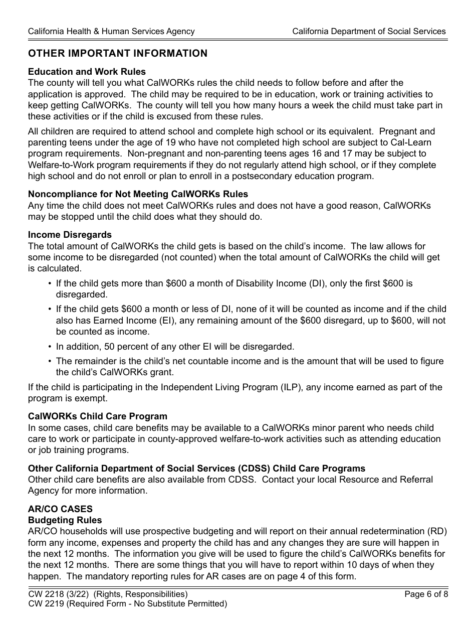 Form CW2218 Rights, Responsibilities and Other Important Information for the California Work Opportunity and Responsibility to Kids (Calworks) Program (Non-needy Caretaker Relative With Relative Foster Child) - California, Page 6