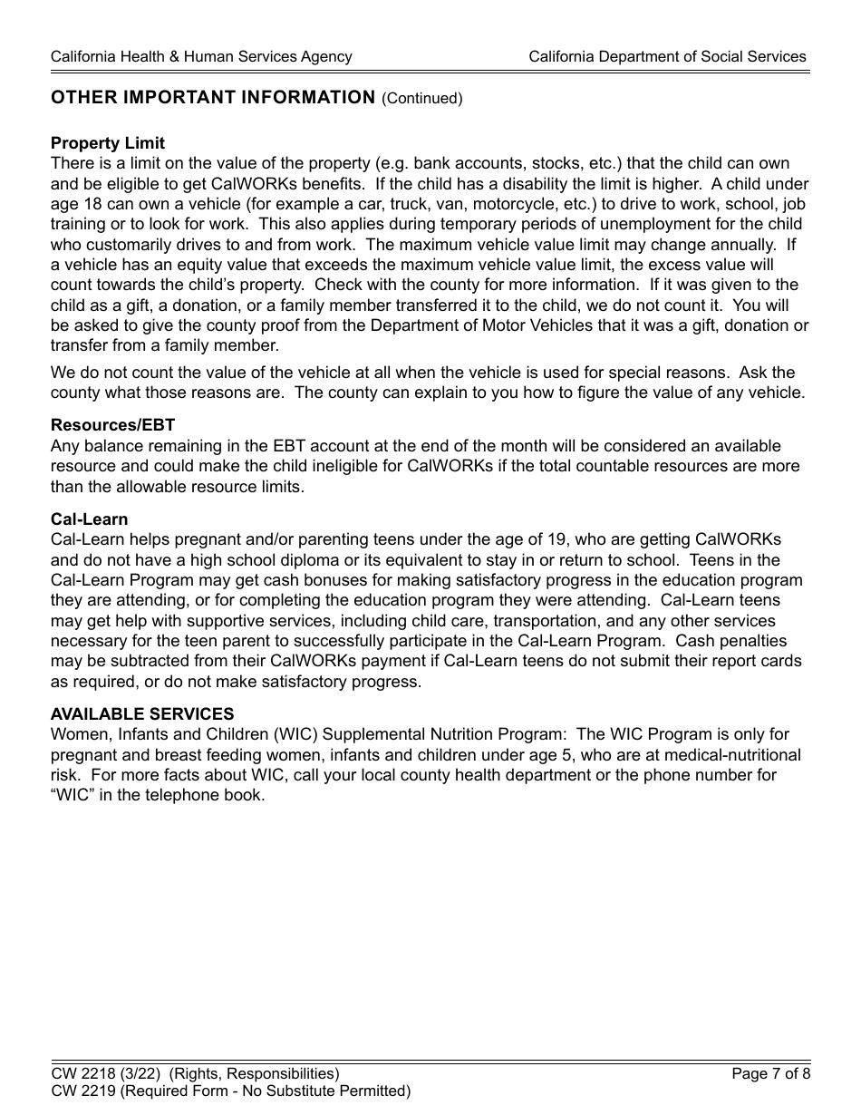 Form CW2218 Rights, Responsibilities and Other Important Information for the California Work Opportunity and Responsibility to Kids (Calworks) Program (Non-needy Caretaker Relative With Relative Foster Child) - California, Page 7