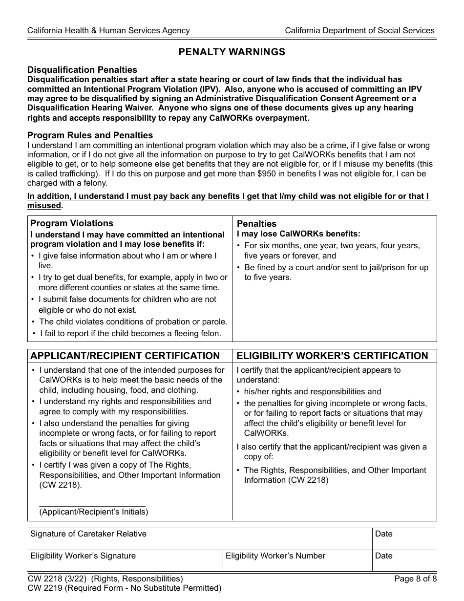 Form CW2218 Rights, Responsibilities and Other Important Information for the California Work Opportunity and Responsibility to Kids (Calworks) Program (Non-needy Caretaker Relative With Relative Foster Child) - California, Page 8