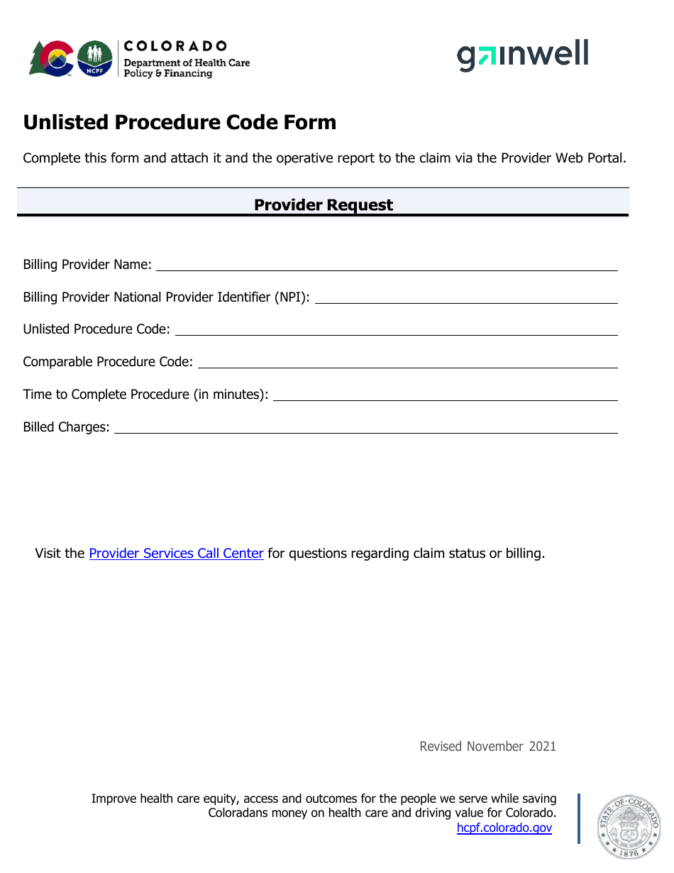 Unlisted Procedure Code Form - Colorado, Page 1