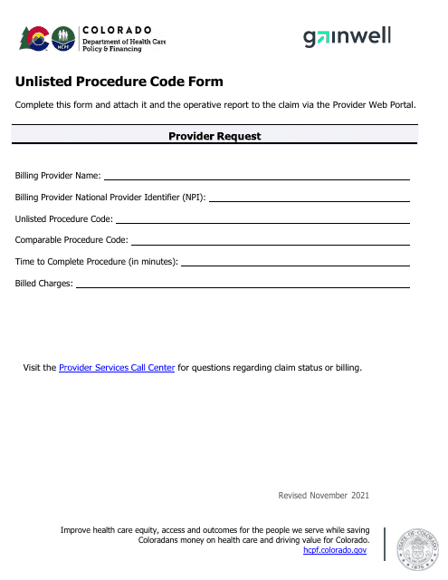 Unlisted Procedure Code Form - Colorado Download Pdf