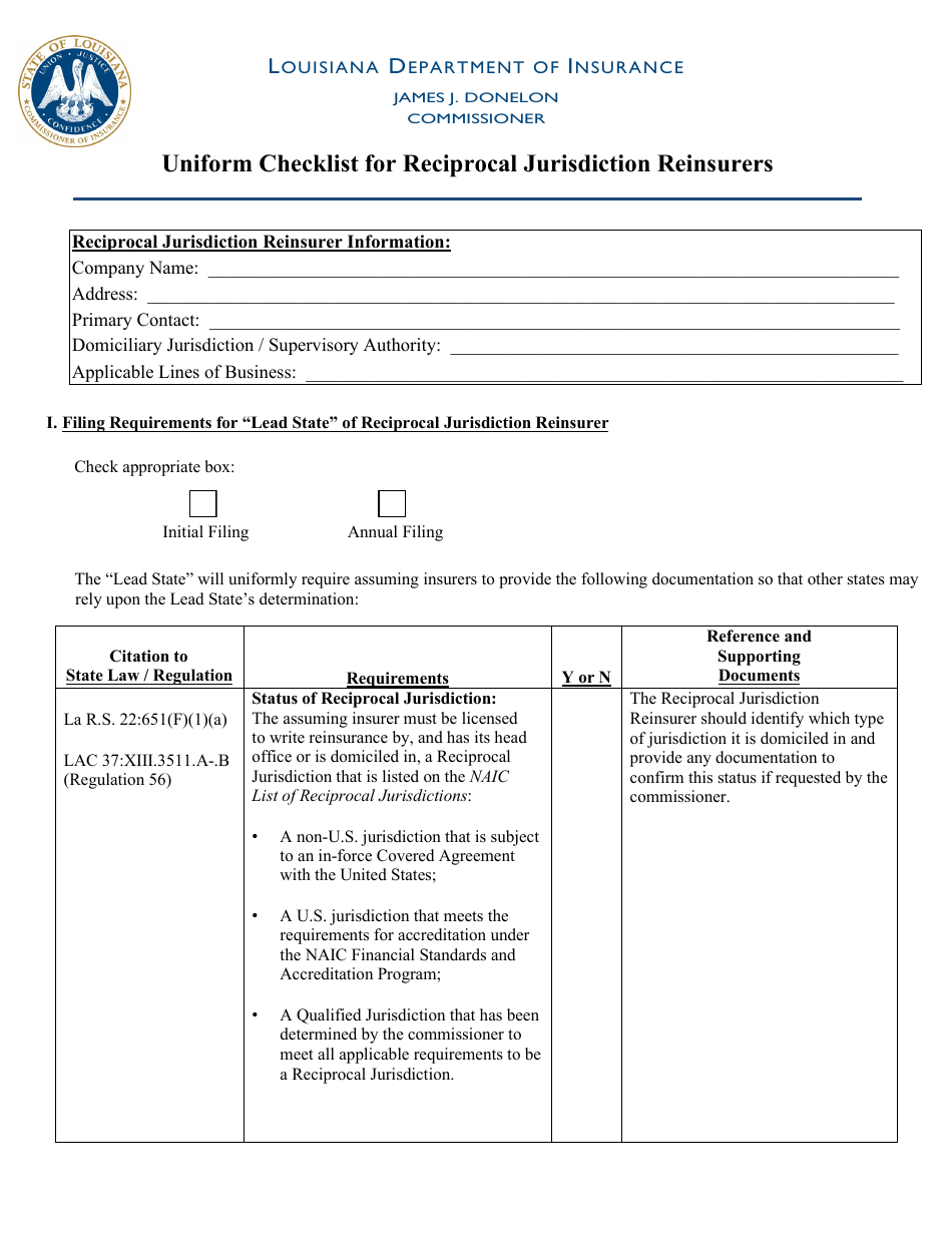 Uniform Checklist for Reciprocal Jurisdiction Reinsurers - Louisiana, Page 1
