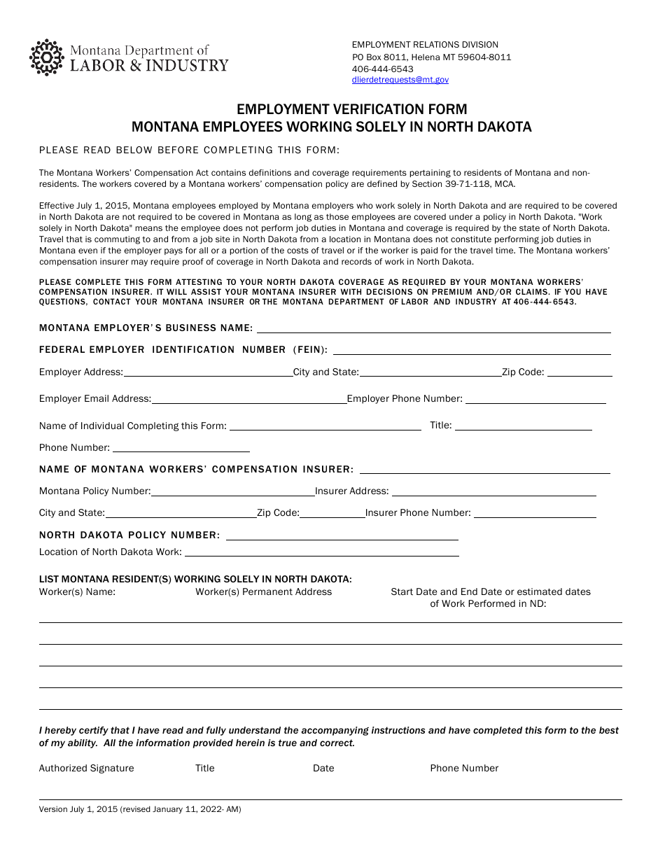Employment Verification Form - Montana Employees Working Solely in North Dakota - Montana, Page 2
