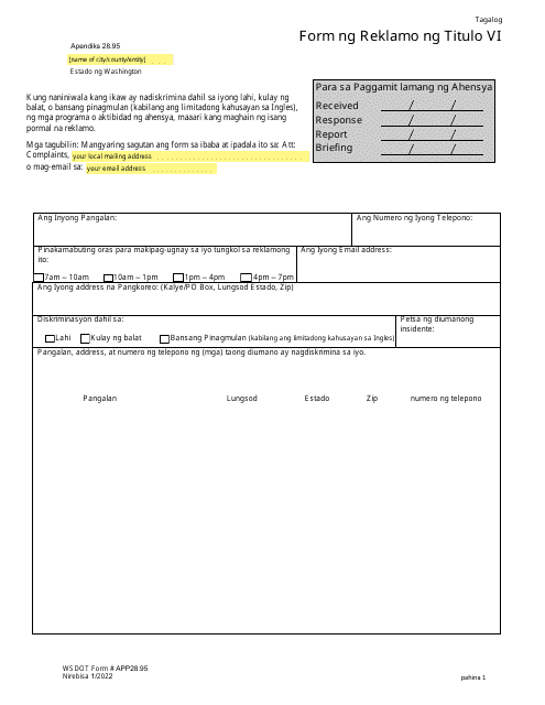 DOT Form APP28.95 Title VI Complaint Form - Washington (Tagalog)