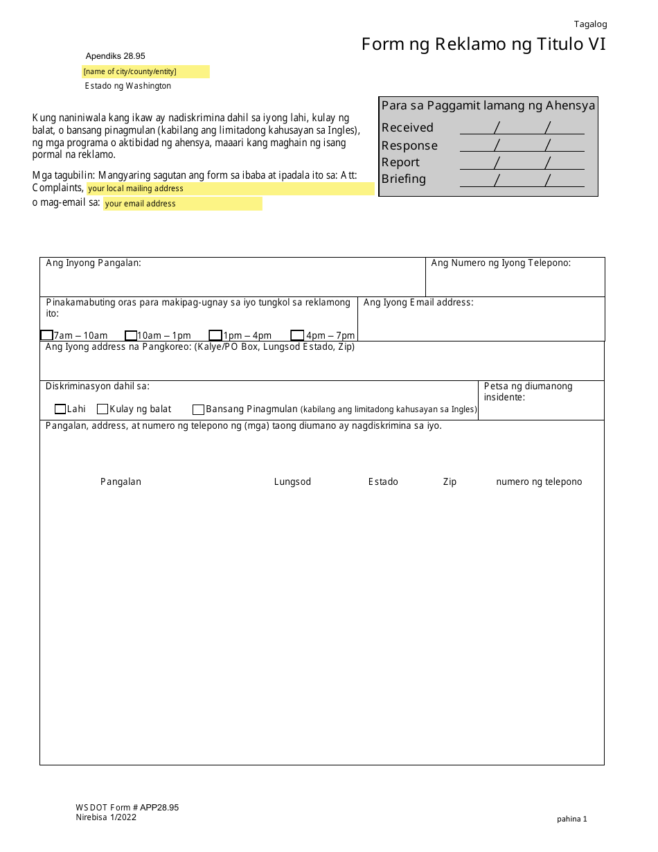 DOT Form APP28.95 Title VI Complaint Form - Washington (Tagalog), Page 1