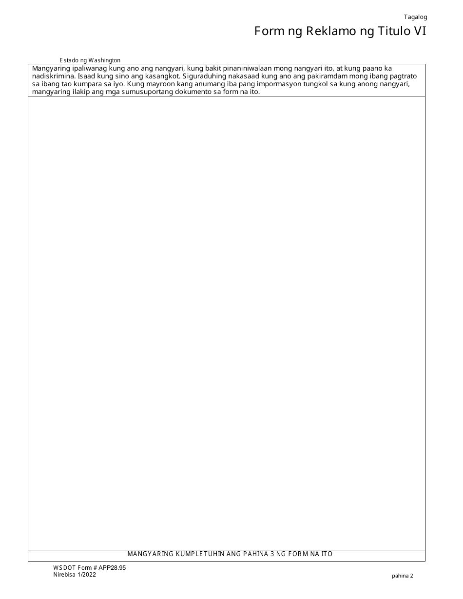 DOT Form APP28.95 Title VI Complaint Form - Washington (Tagalog), Page 2