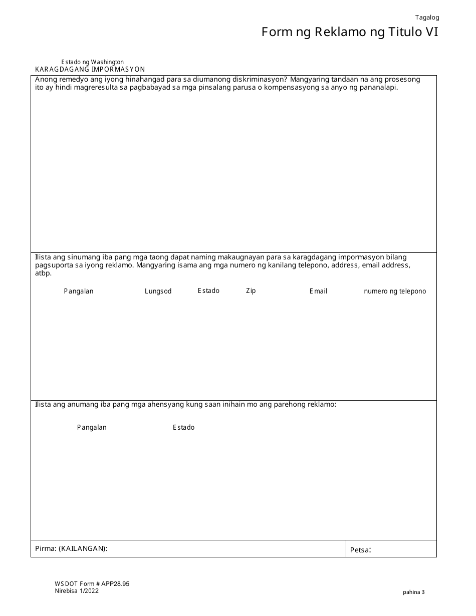 DOT Form APP28.95 Title VI Complaint Form - Washington (Tagalog), Page 3