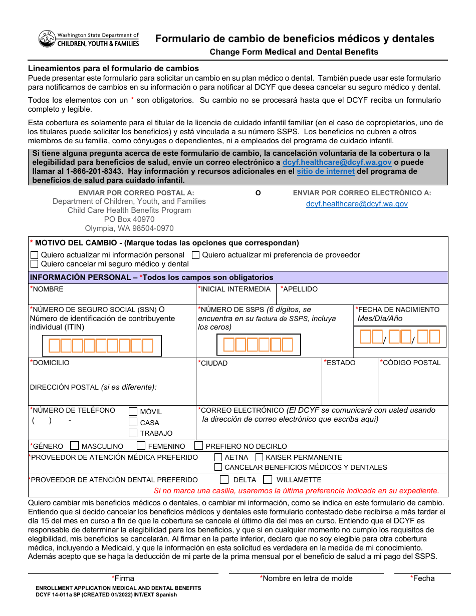 DCYF Formulario 14-011A Formulario De Cambio De Beneficios Medicos Y Dentales - Washington (Spanish), Page 1