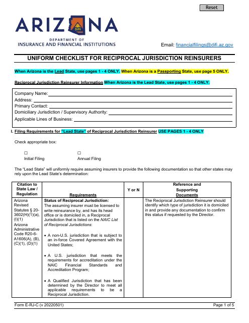 Form E-RJ-C Uniform Checklist for Reciprocal Jurisdiction Reinsurers - Arizona