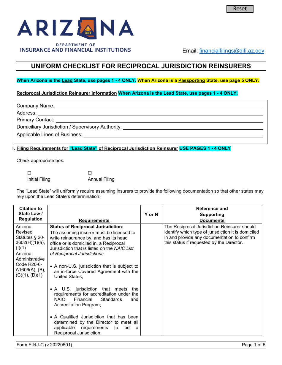 Form E-RJ-C Uniform Checklist for Reciprocal Jurisdiction Reinsurers - Arizona, Page 1