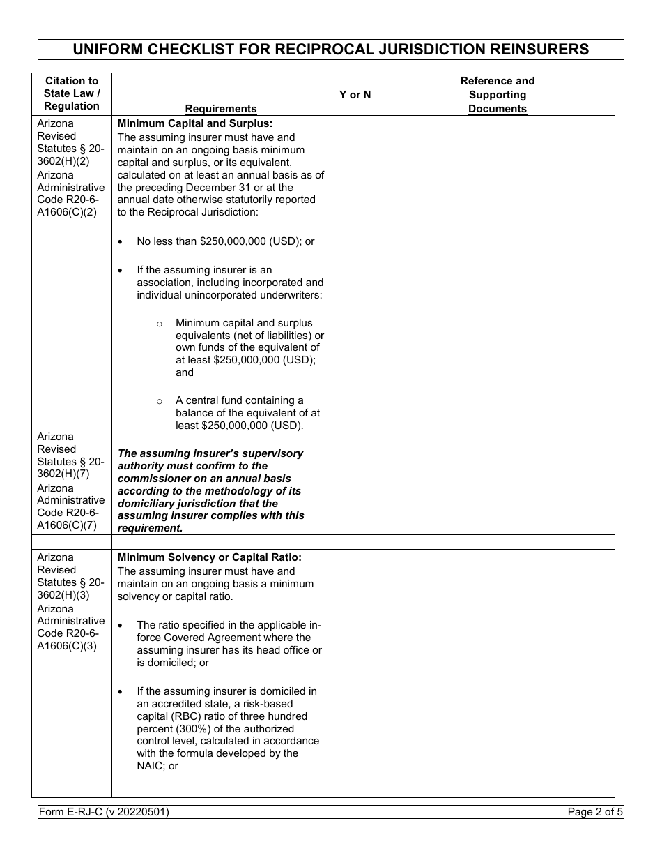 Form E-RJ-C Uniform Checklist for Reciprocal Jurisdiction Reinsurers - Arizona, Page 2