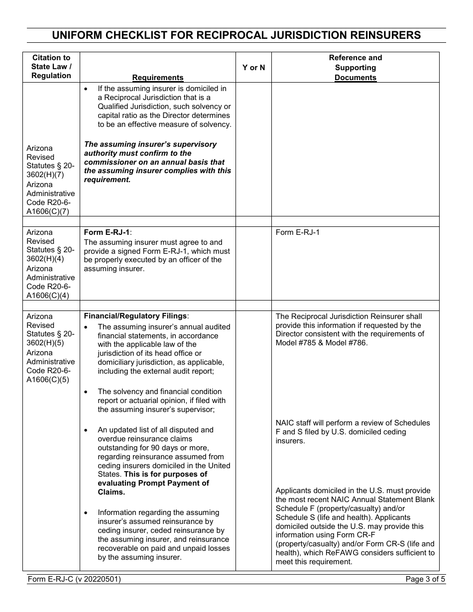 Form E-RJ-C Uniform Checklist for Reciprocal Jurisdiction Reinsurers - Arizona, Page 3