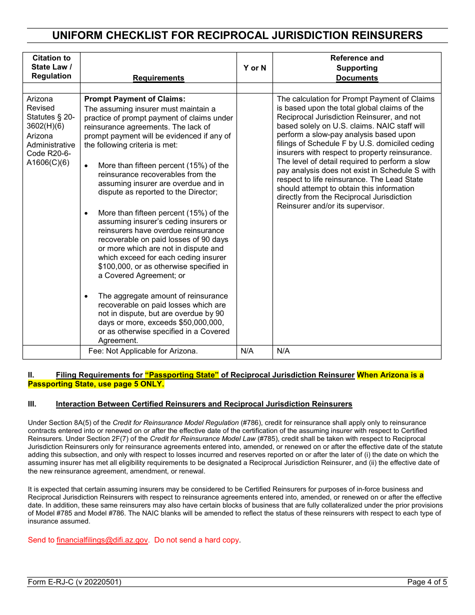 Form E-RJ-C Uniform Checklist for Reciprocal Jurisdiction Reinsurers - Arizona, Page 4