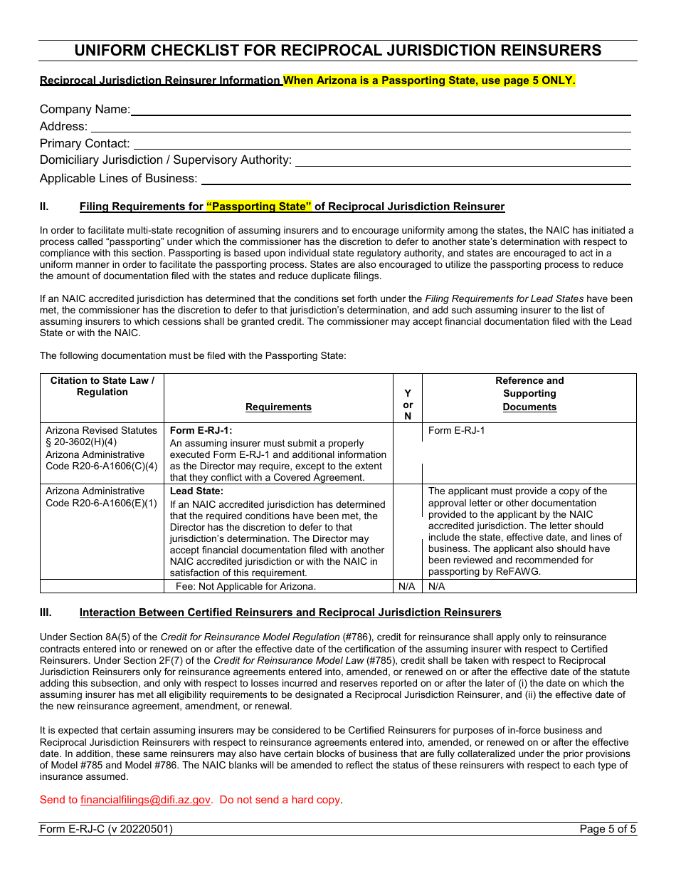 Form E-RJ-C Uniform Checklist for Reciprocal Jurisdiction Reinsurers - Arizona, Page 5