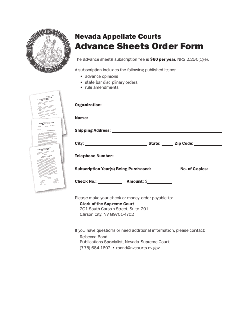 Advance Sheets Order Form - Nevada Download Pdf