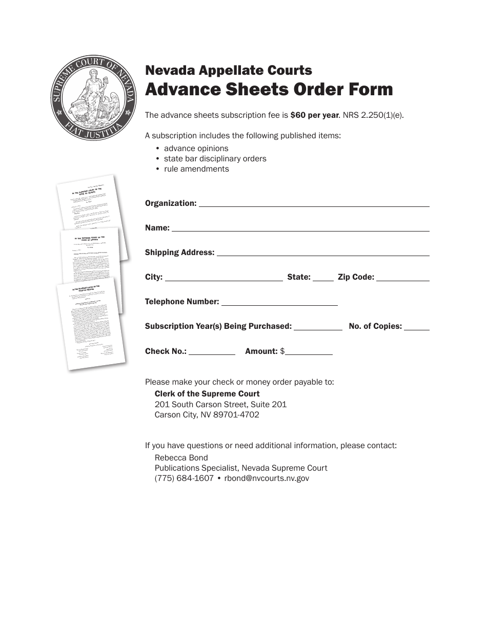 Advance Sheets Order Form - Nevada, Page 1