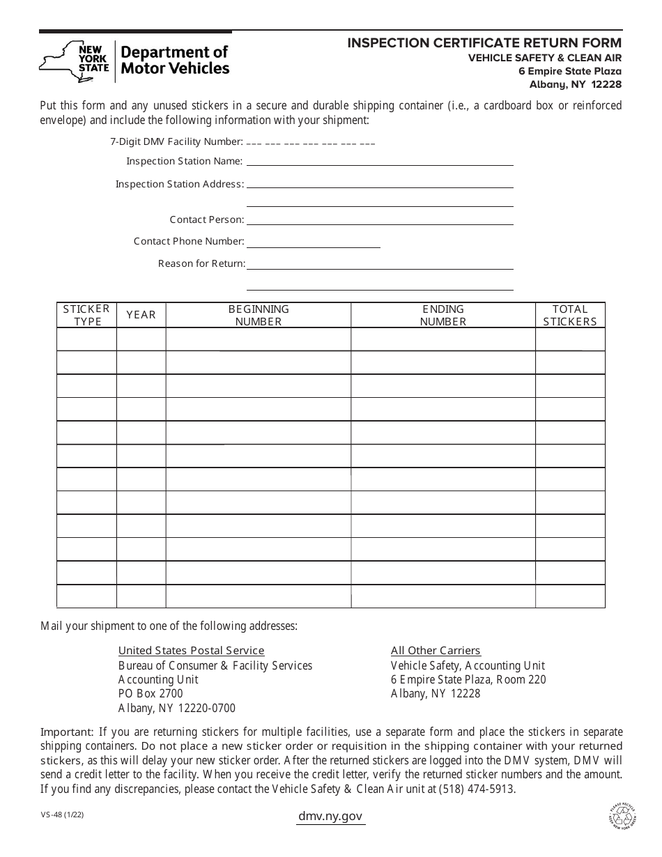 Form VS-48 Inspection Certificate Return Form - New York, Page 1