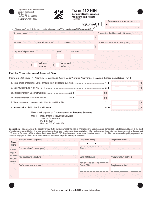 Form 115 NIN Nonadmitted Insurance Premium Tax Return - Connecticut