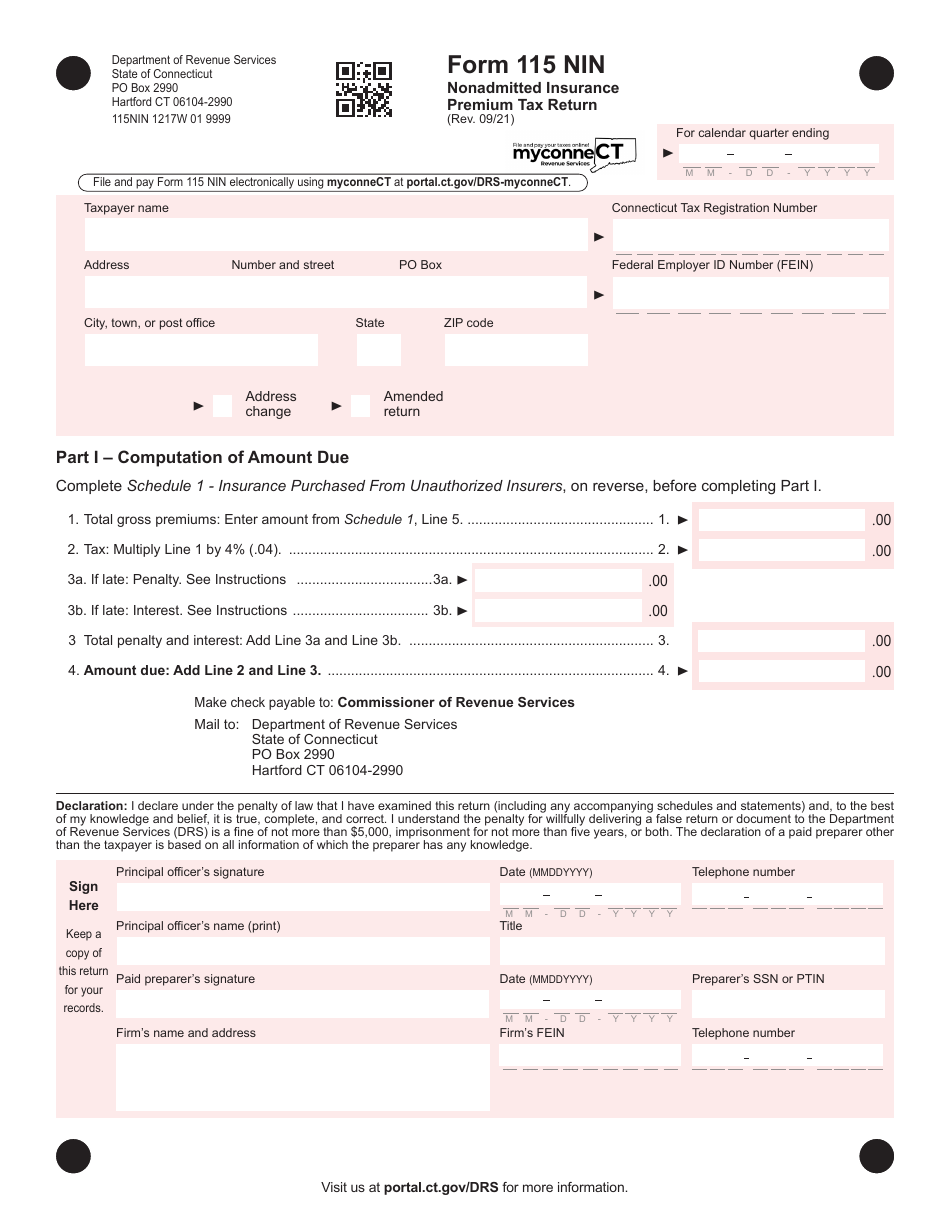 Form 115 NIN Nonadmitted Insurance Premium Tax Return - Connecticut, Page 1