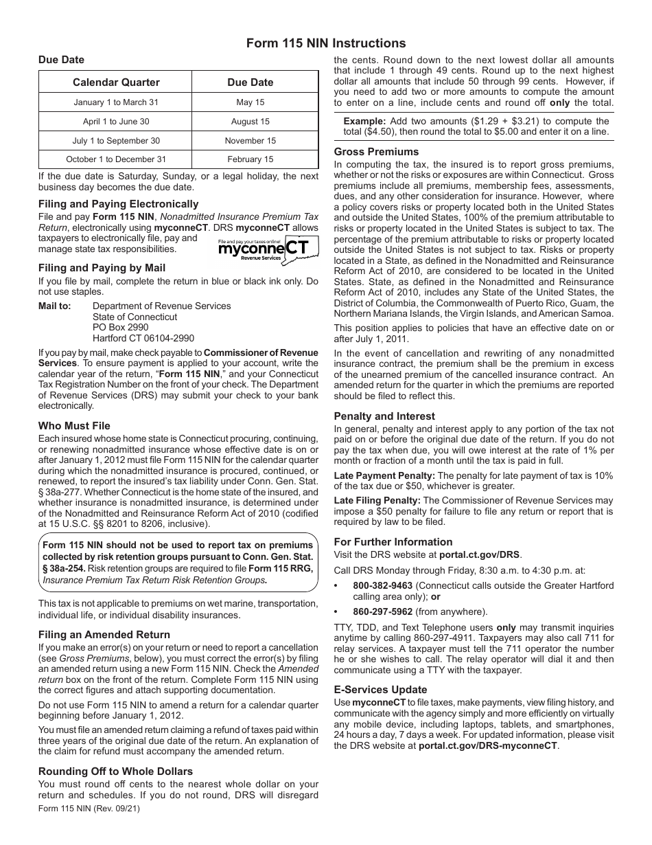 Form 115 NIN Nonadmitted Insurance Premium Tax Return - Connecticut, Page 3