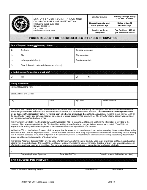 Form SXO-10 Public Request for Registered Sex Offender Information - Colorado