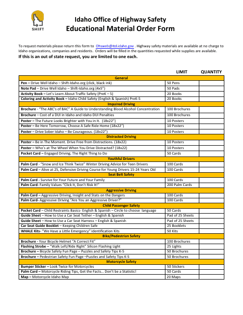 Educational Material Order Form - Idaho Download Pdf