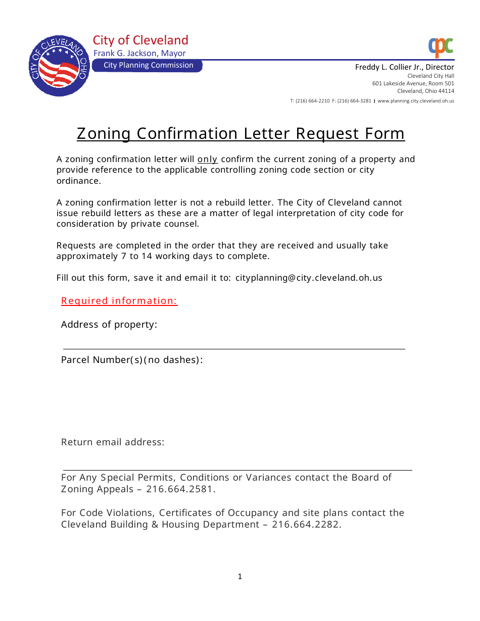 Zoning Confirmation Letter Request Form - City of Cleveland, Ohio, Page 1