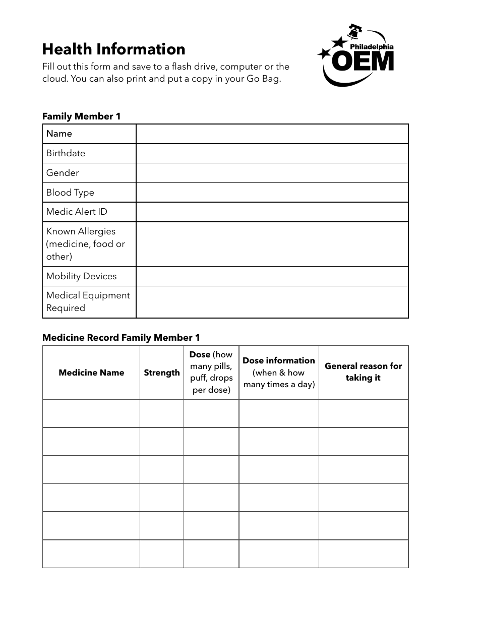 Health Information Form - City of Philadelphia, Pennsylvania, Page 1