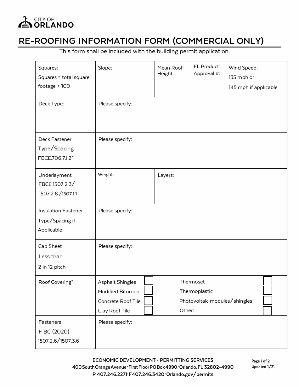 Re-roofing Information Form (Commercial Only) - City of Orlando, Florida, Page 1