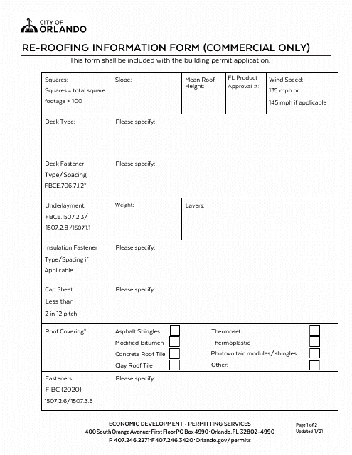 Re-roofing Information Form (Commercial Only) - City of Orlando, Florida Download Pdf