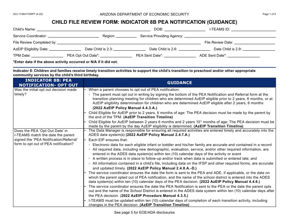 Form GCI-1138A Child File Review Form: Indicator 8b Pea Notification (Guidance) - Arizona, Page 1