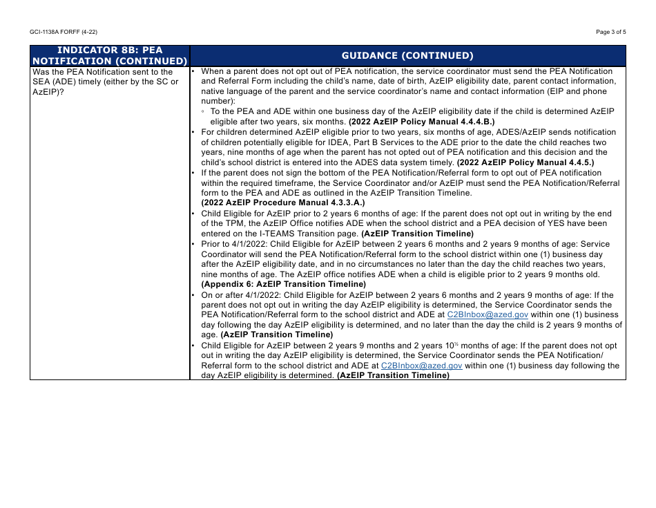 Form GCI-1138A Child File Review Form: Indicator 8b Pea Notification (Guidance) - Arizona, Page 3